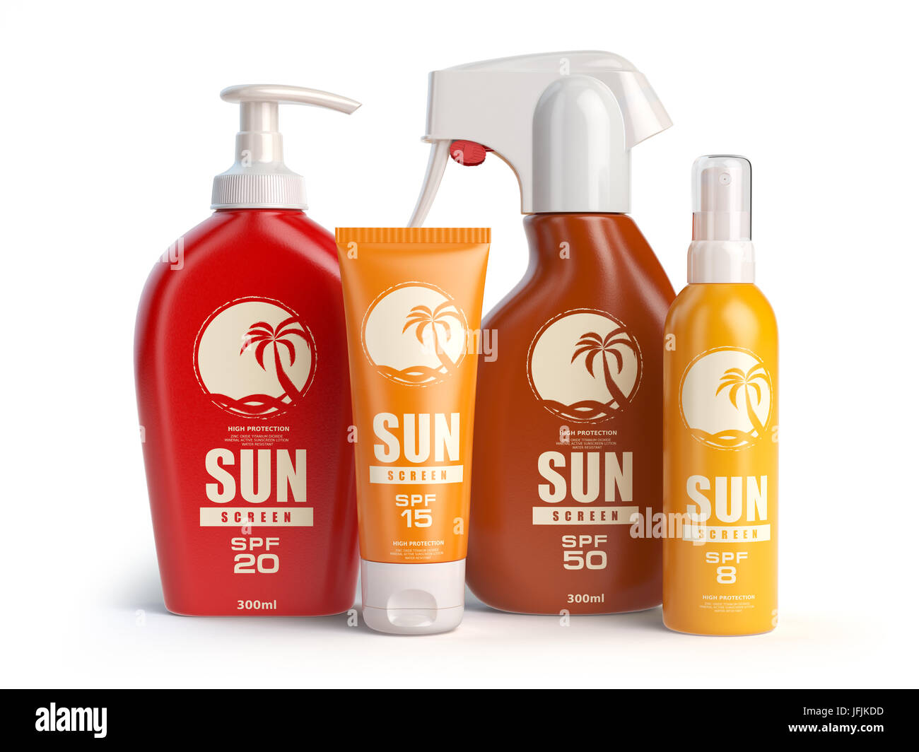 Sun screen cream, oil and lotion containers. Sun protection and suntan