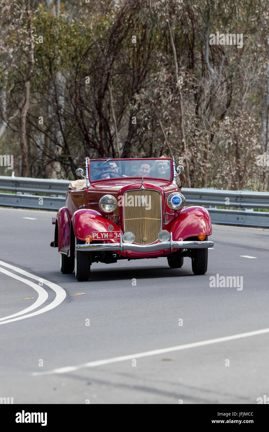 Vintage 1934 plymouth PE Roadster  driving on country roads near the town of Birdwood, South Australia. Stock Photo