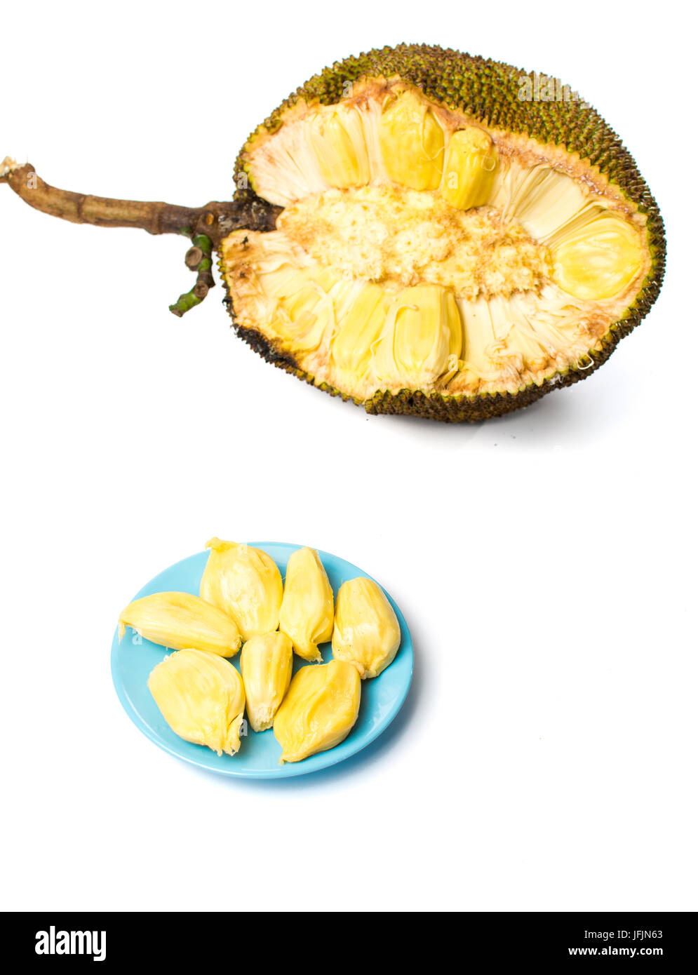 Jackfruit pieces on a blue plate  isolated on white background Stock Photo