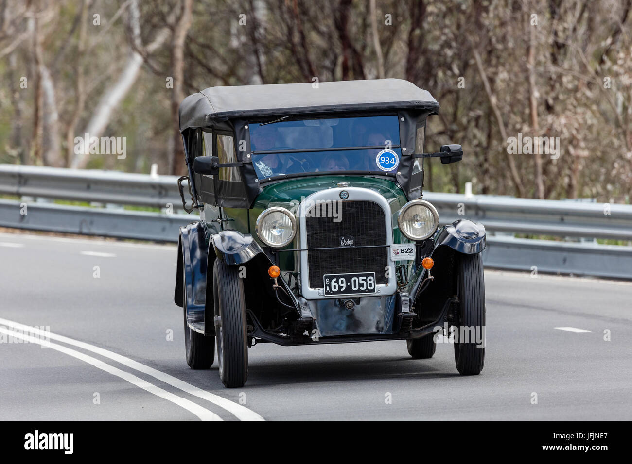 Vintage 1925 Dodge Brothers 1925 Tourer driving on country roads near the town of Birdwood, South Australia. Stock Photo