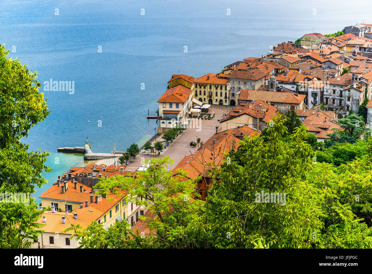 Lake Maggiore, Arona, historic center, Italy. Aerial view of Piazza del