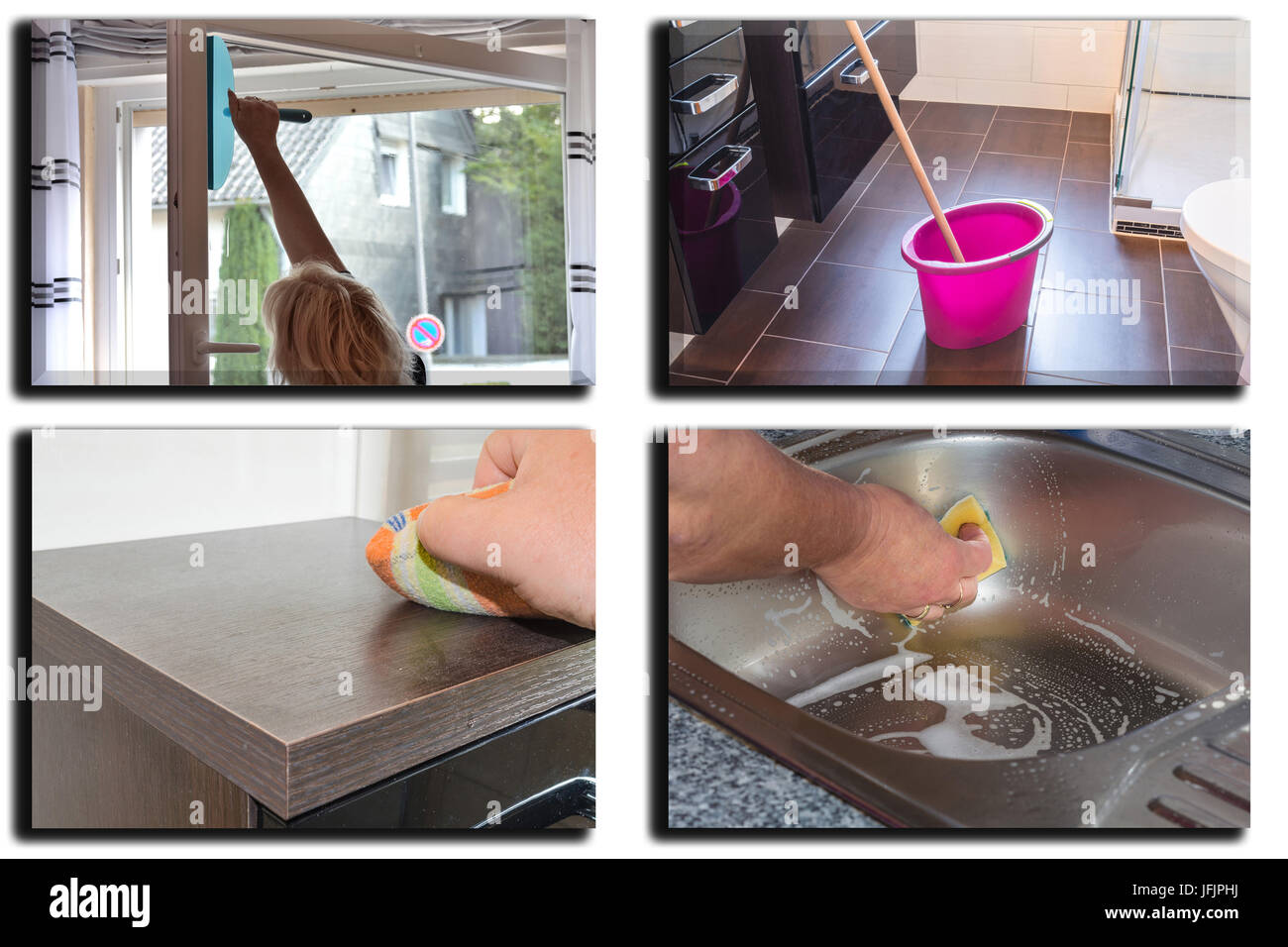 Image is divided into 4 sections about housework Stock Photo