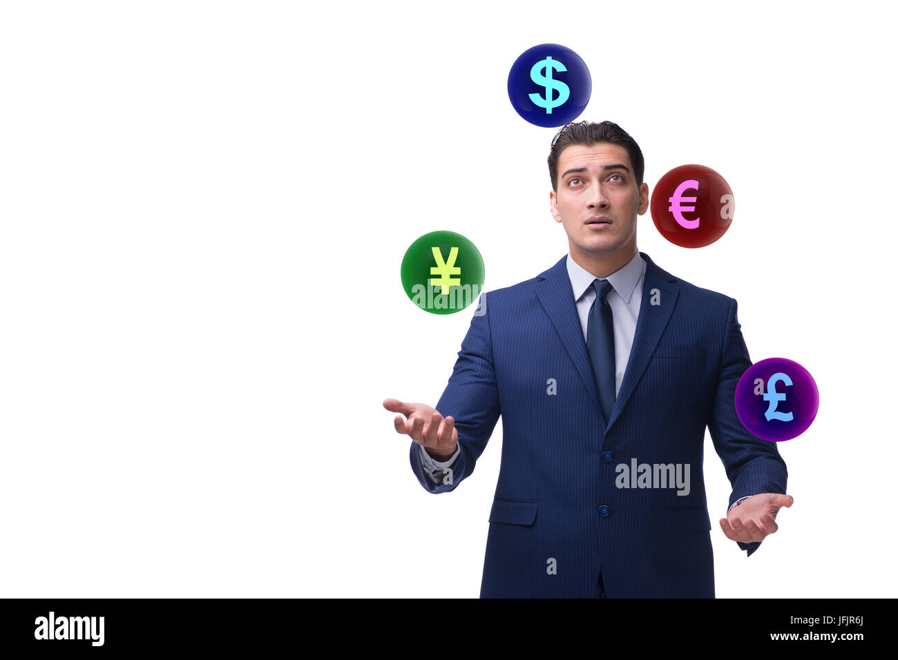 Businessman juggling between various currencies Stock Photo Alamy