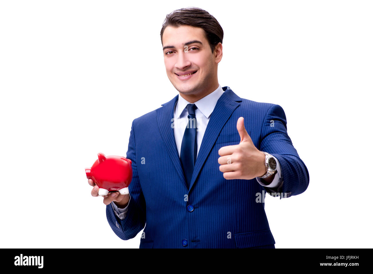 Handsome businessman with piggybank isolated on white Stock Photo - Alamy
