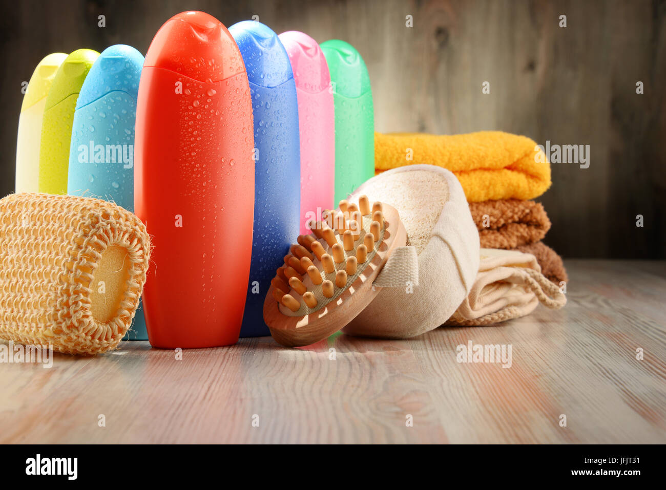 Plastic bottles of body care and beauty products. Stock Photo