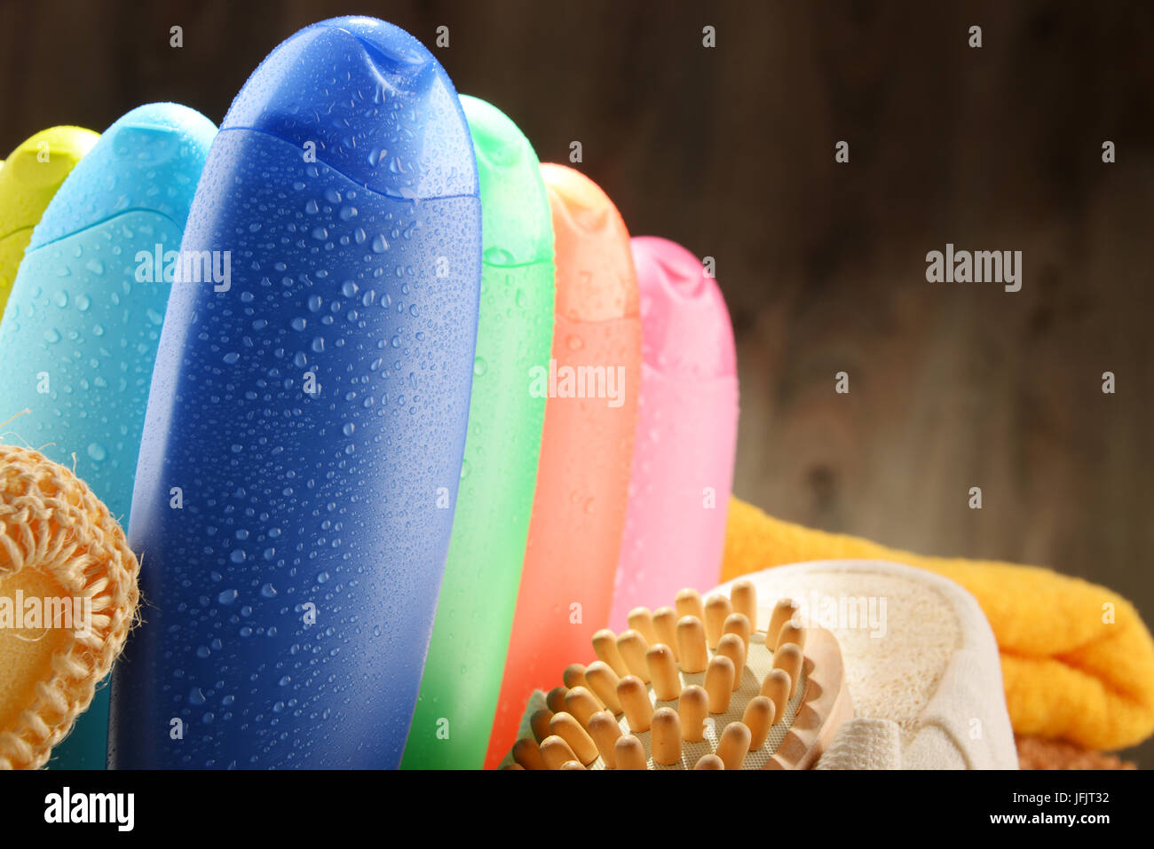 Plastic bottles of body care and beauty products. Stock Photo