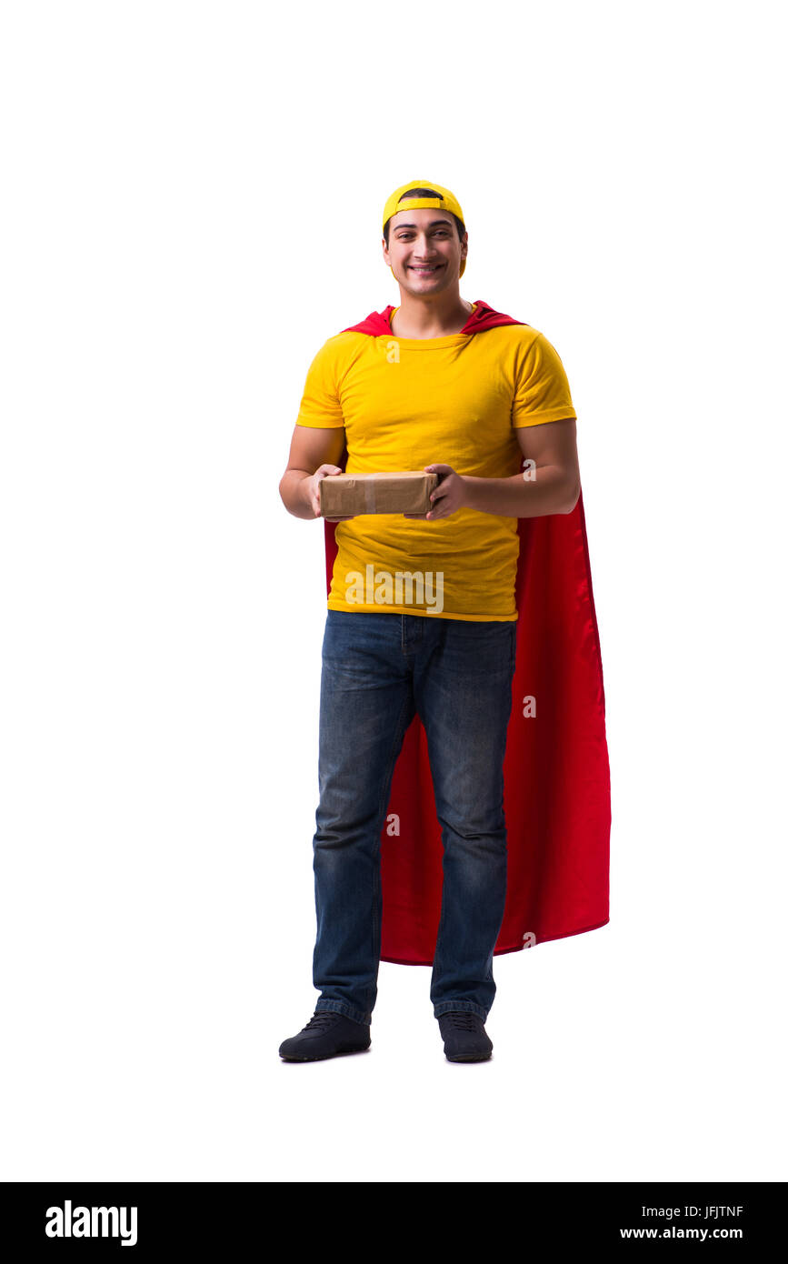 Super hero pizza delivery guy isolated on white Stock Photo Alamy