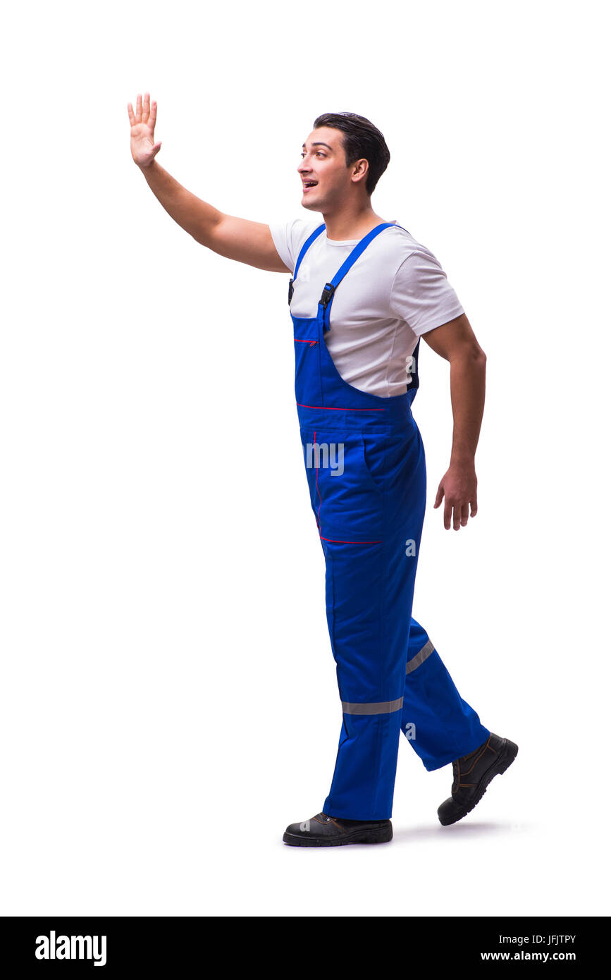Handsome repairman wearing blue coveralls on white Stock Photo