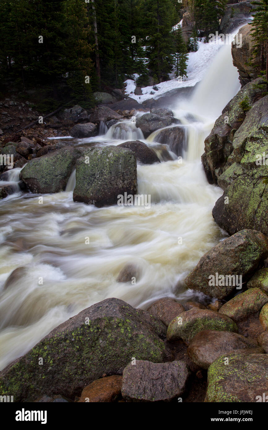A high volume of water flows through Glacier Creek at Alberta Falls