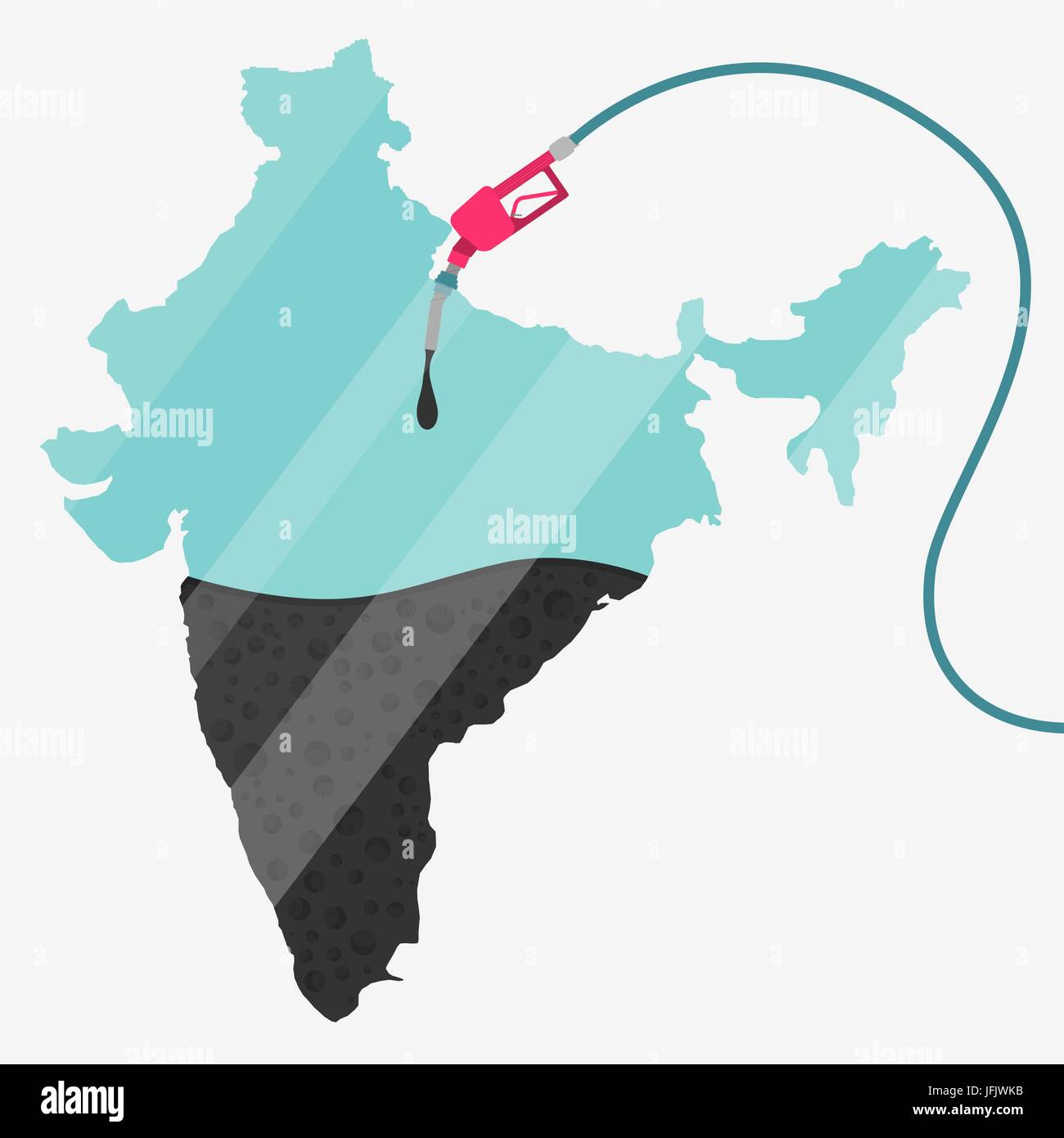 Map of India being fueled by oil. Gas pump fueled map. On the map there