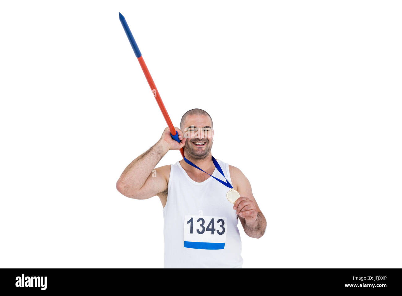 Athlete with olympic gold medal holding javelin Stock Photo Alamy