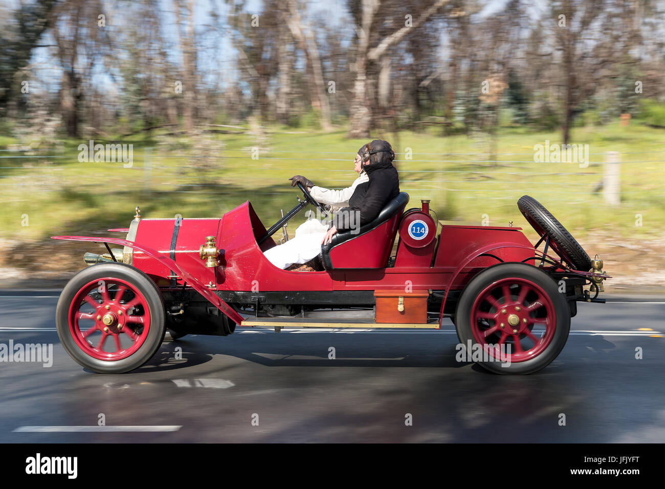 Vintage 1911 Fiat Tipo 1 Spider driving on country roads near the town of Birdwood, South Australia. Stock Photo