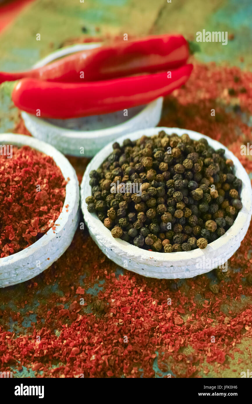 Red hot chili Cayenne and black pepper fresh and dried powdered spice