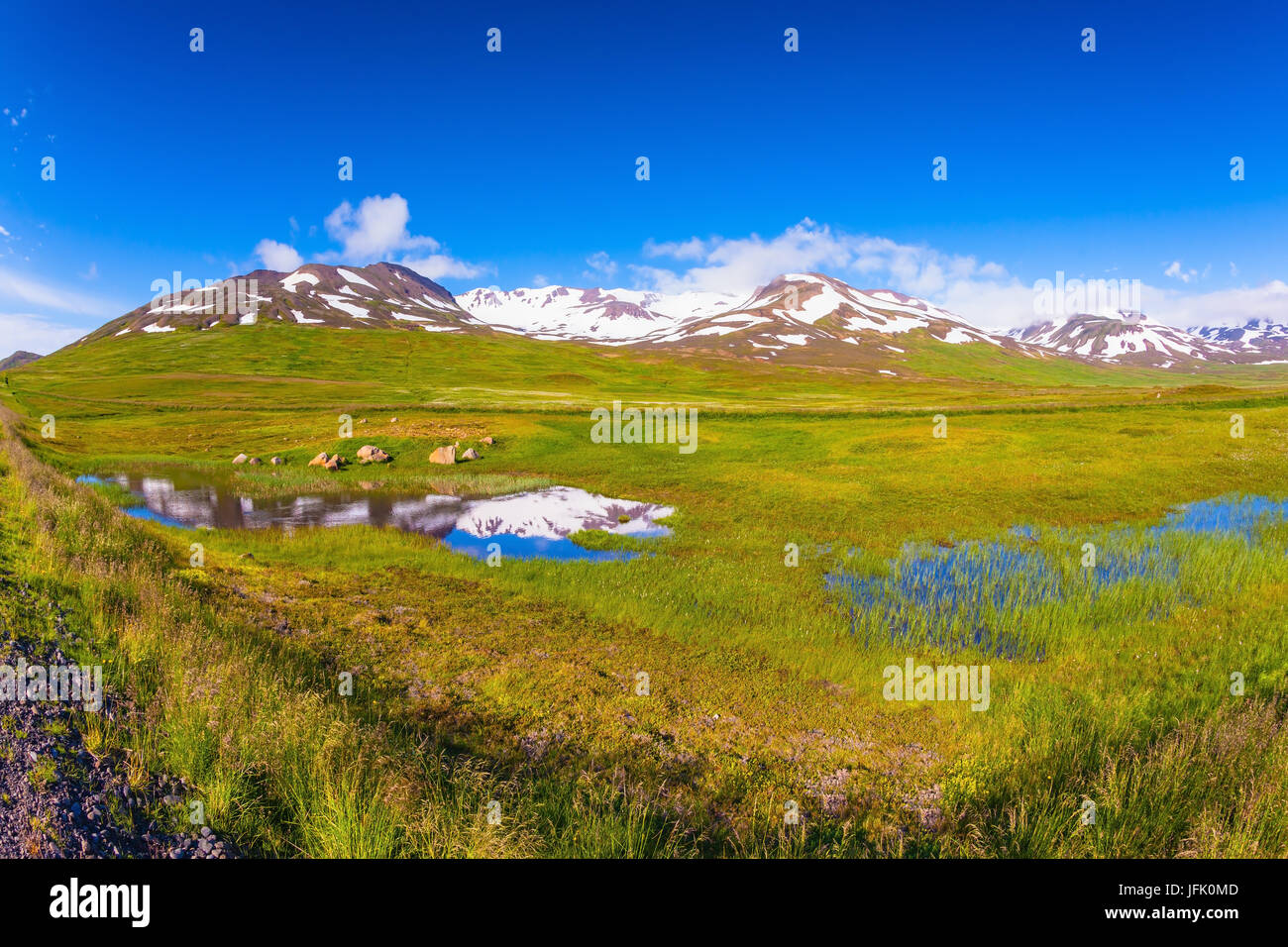 Summer Iceland. Blue lake water reflects snow hills Stock Photo
