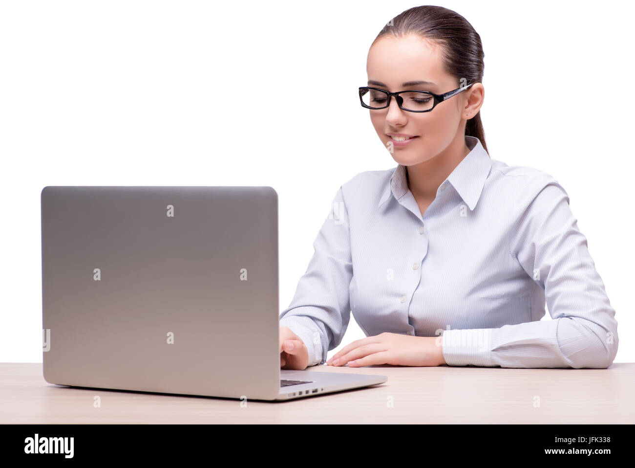 Businesswoman working at her desk on white background Stock Photo - Alamy