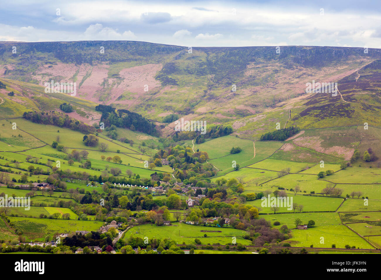 Edale village with Kinder Scout beyond in the Peak District, Derbyshire, England, UK Stock Photo