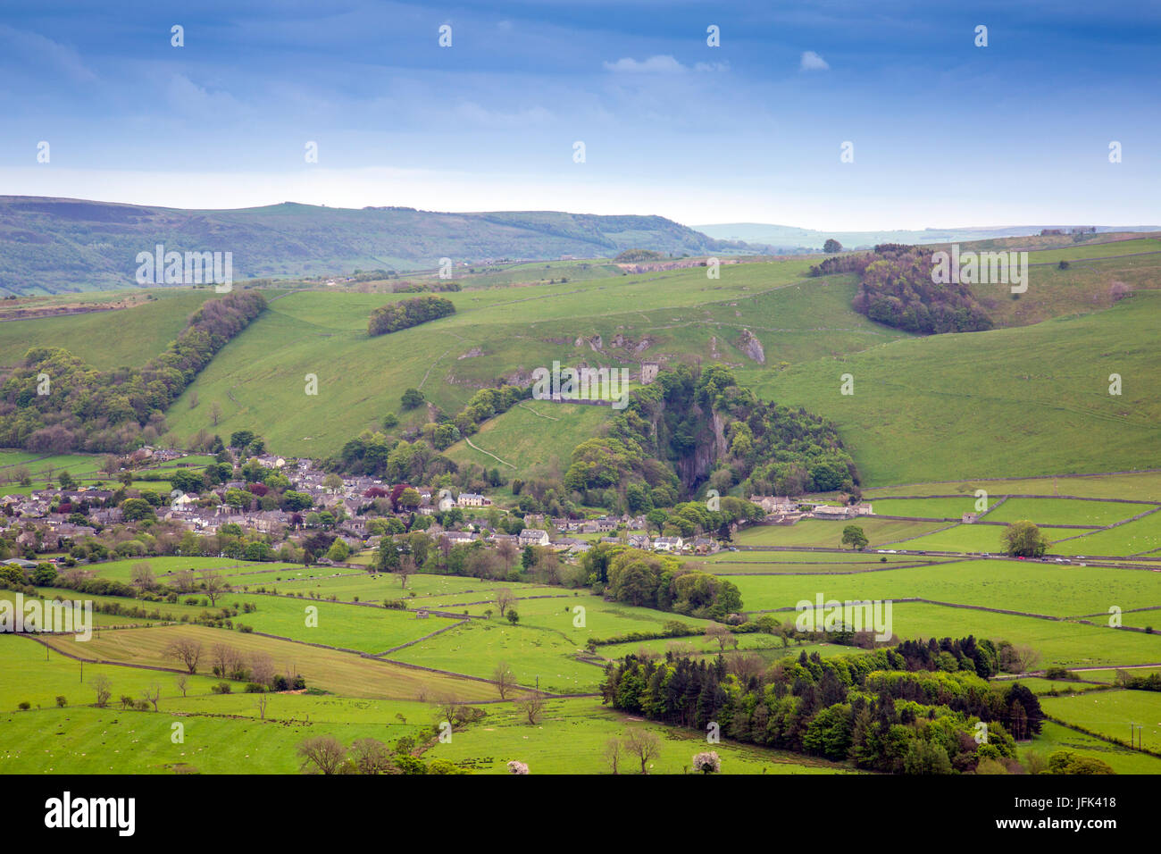 Castleton Village and Peveril Castle viewed from the Great Ridge, Peak District, Derbyshire, England, UK Stock Photo