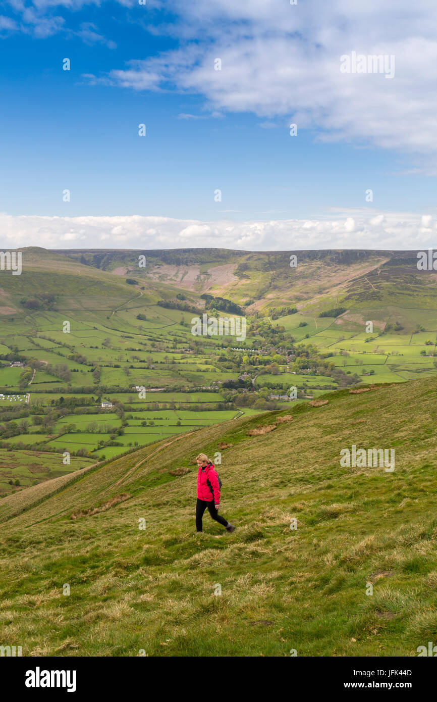 Edale village with Kinder Scout beyond viewed from the summit of Mam Tor in the Peak District, Derbyshire, England, UK Stock Photo