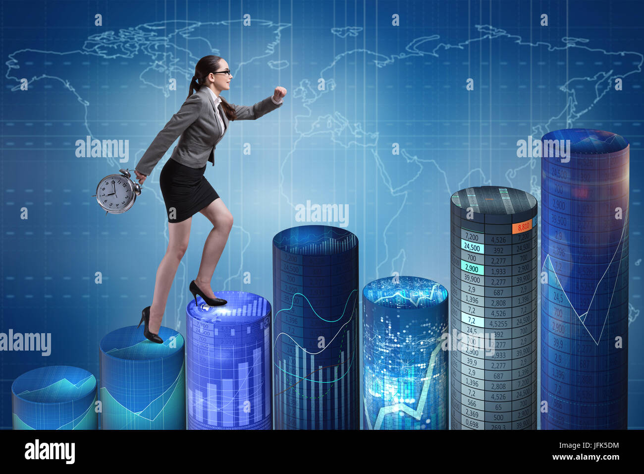 Businesswoman rushing with clock on bar charts Stock Photo - Alamy