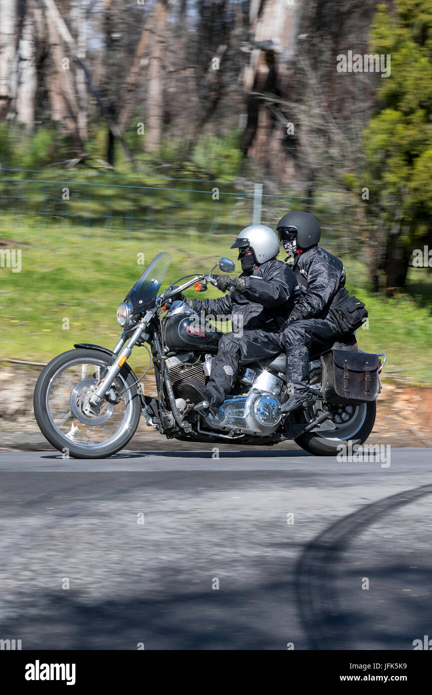 Harley Davidson Motorcycle on country roads near the town of Birdwood, South Australia Stock Harley Davidson Motorcycle on country roads near the town of Birdwood, South Australia Stock