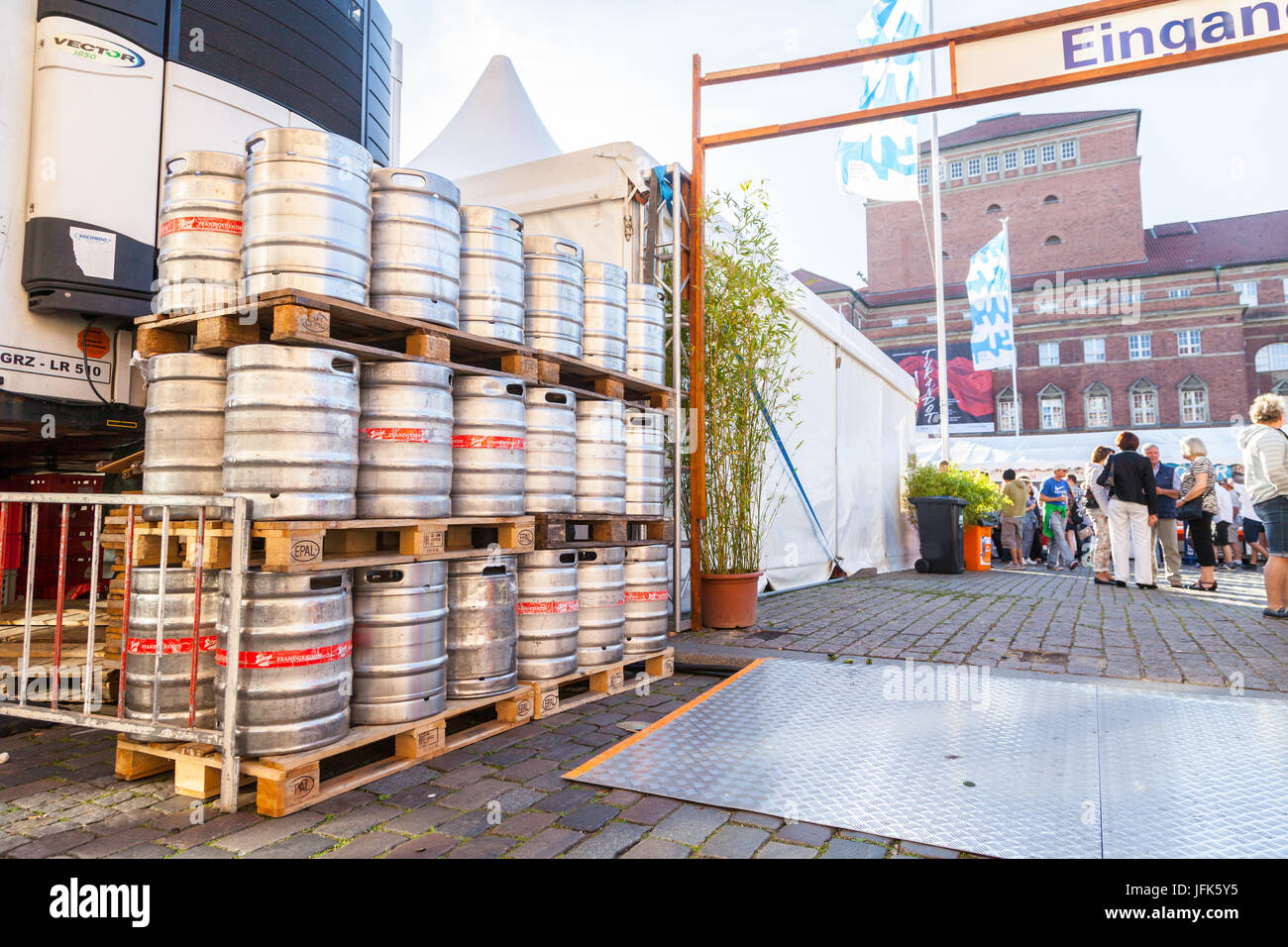 KIEL / GERMANY JUNE 20, 2017 beer barrels stands on the public event