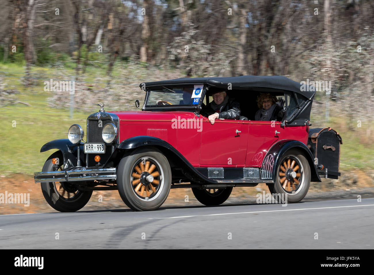 Vintage 1929 Chevrolet Tourer Sedan driving on country roads near the town of Birdwood, South Australia. Stock Photo