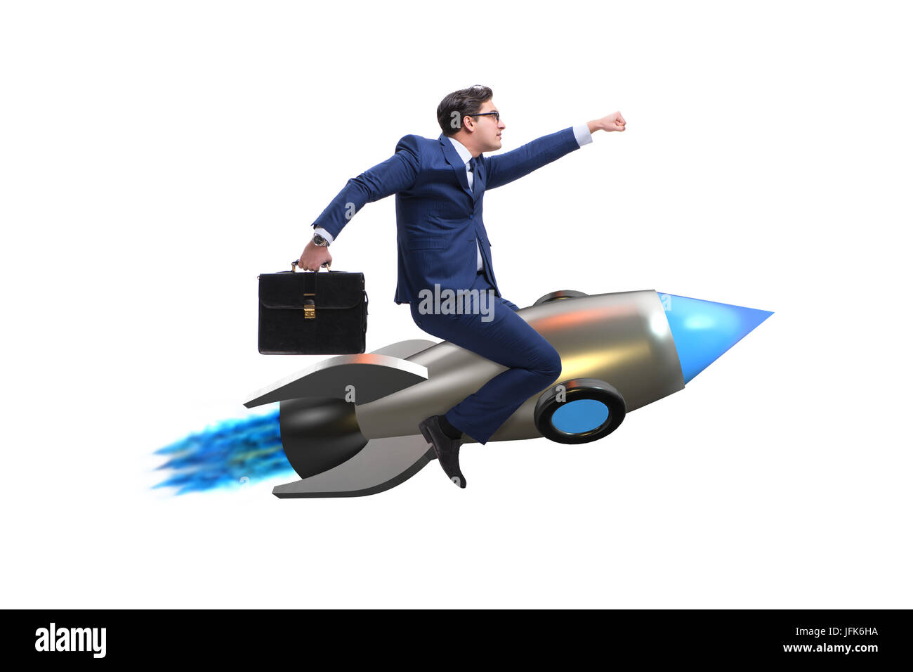 Businessman flying on rocket in business concept Stock Photo - Alamy