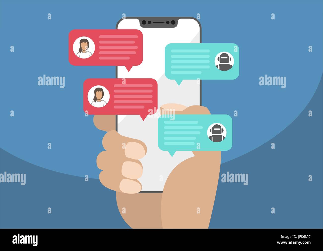 Woman holding bezel-free / frameless smartphone in hand and chatting with chat bot robot. Chat messages notification on smartphone isolated on blue ba Stock Vector