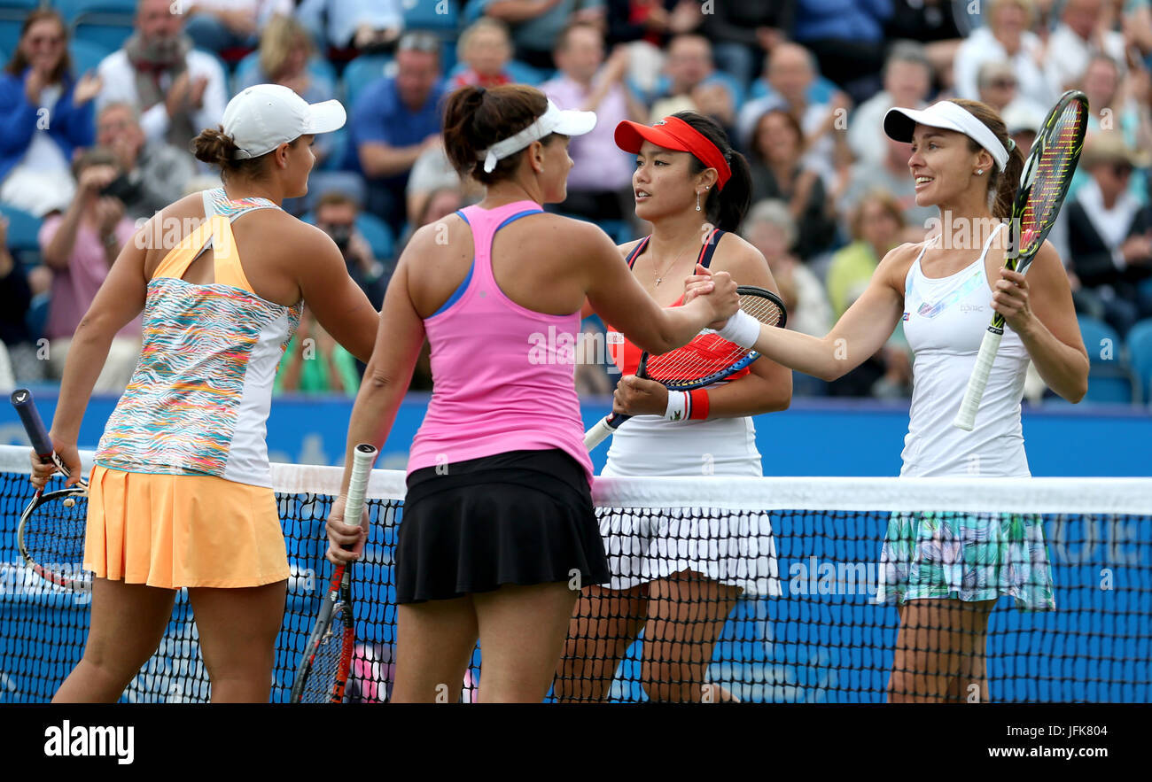 Australia's Ashleigh Barty (left) and Casey Dellacqua (centre left