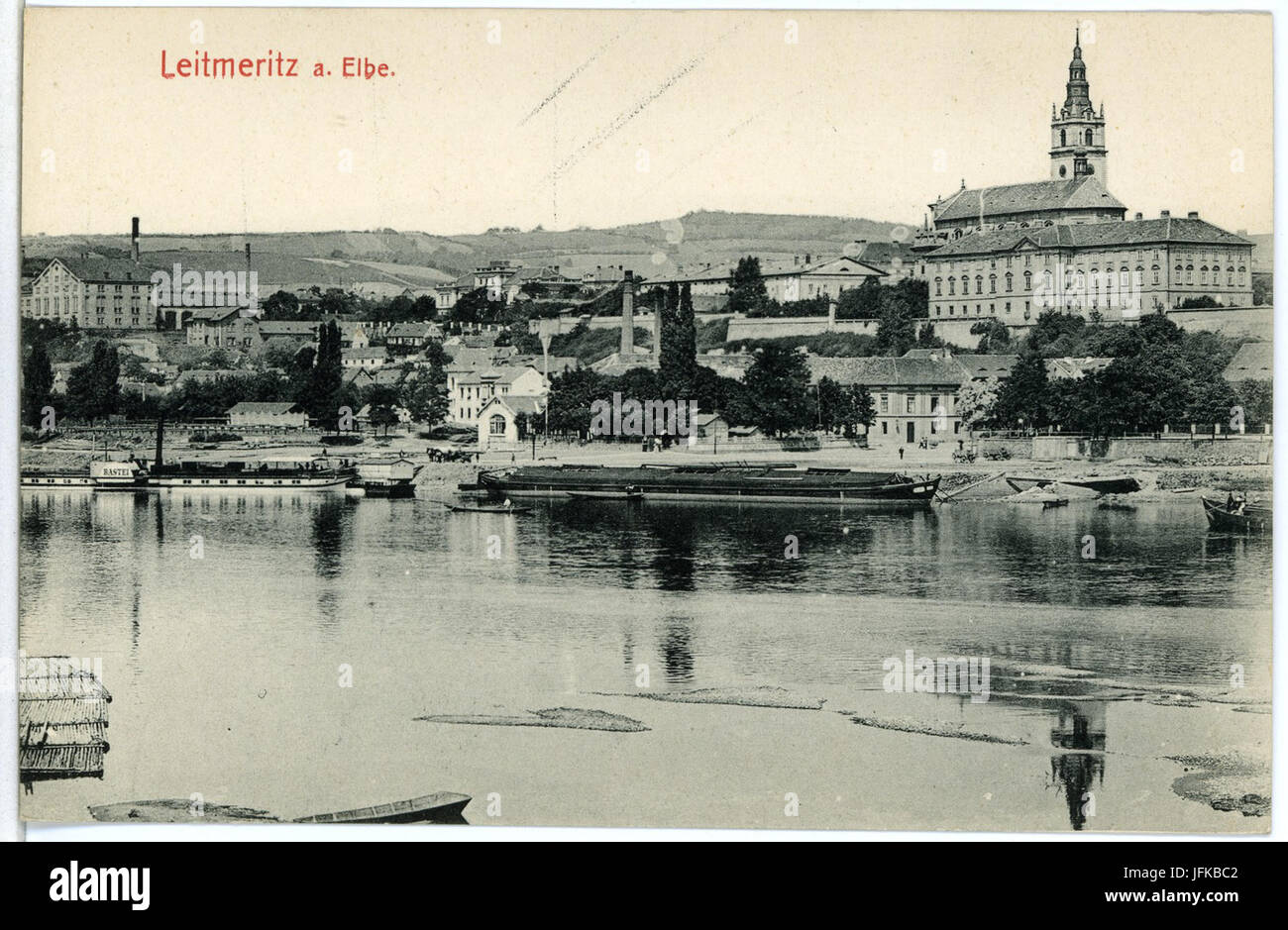 03317-Leitmeritz-1903-Blick über die Elbe mit Damfer Bastei und Lastkahn-Brück & Sohn Kunstverlag Stock Photo