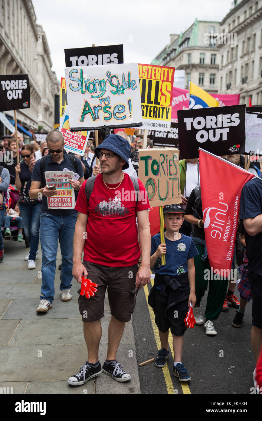 London, UK. 1st July, 2017. Thousands of people from many different campaign groups and trade unions join the Not One More Day national demonstration organised by the People's Assembly Against Austerity in protest against continuing austerity, cuts and privatisation and to call for a properly funded health service, education system and housing. A minute's silence was also held for the victims of the fire at Grenfell Tower. Credit: Mark Kerrison/Alamy Live News Stock Photo