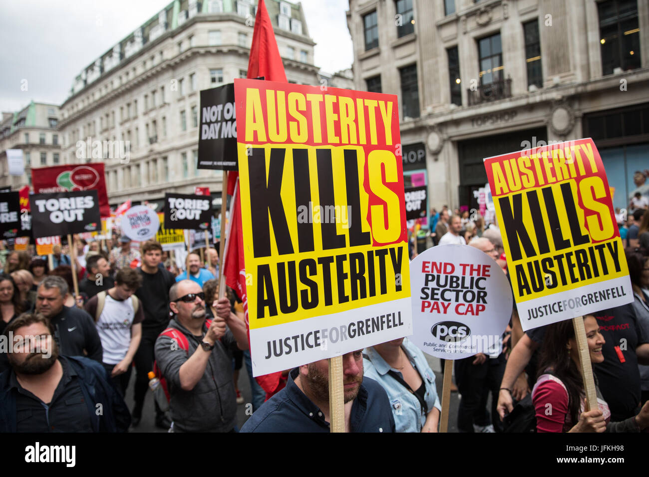 London, UK. 1st July, 2017. Thousands of people from many different campaign groups and trade unions join the Not One More Day national demonstration organised by the People's Assembly Against Austerity in protest against continuing austerity, cuts and privatisation and to call for a properly funded health service, education system and housing. A minute's silence was also held for the victims of the fire at Grenfell Tower. Credit: Mark Kerrison/Alamy Live News Stock Photo