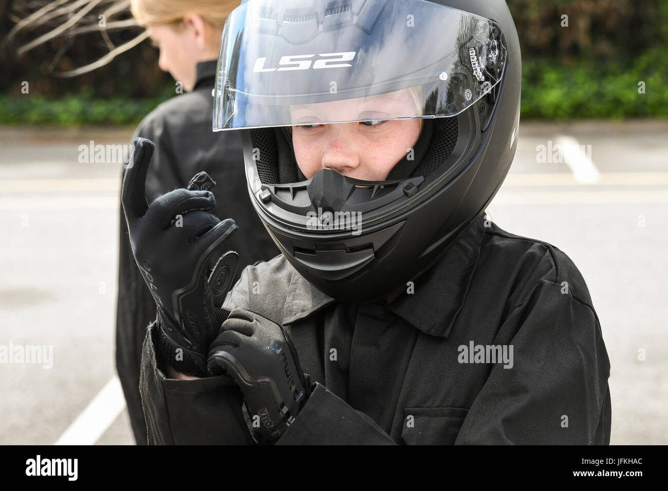 Dunton, Essex; 1st July 2017 Greenpower Dunton Goblins kit car race for schools, a young competitor prepares for her race Credit: Ian Davidson/Alamy Live News Stock Photo