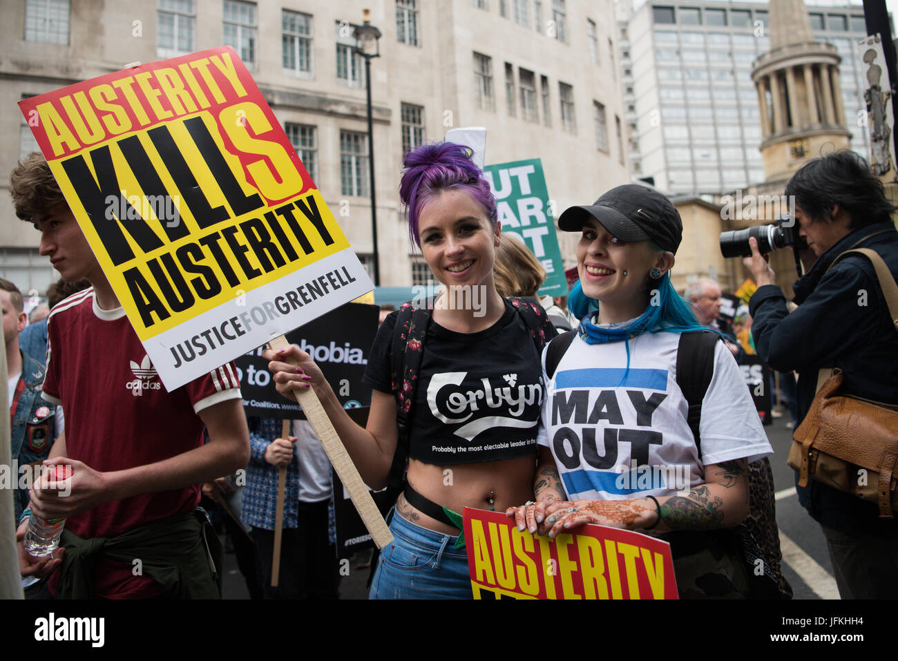 London, UK. 1st Jul, 2017. Protesters on Regent Street, during the 'Not One Day More' demonstration against the Conservative government. Thousands of protesters marched from Regent Street to Parliament Square, with Diane Abbott, John McDonnell and Jeremy Corbyn giving speechs. Credit: Jacob Sacks-Jones/Alamy Live News. Stock Photo