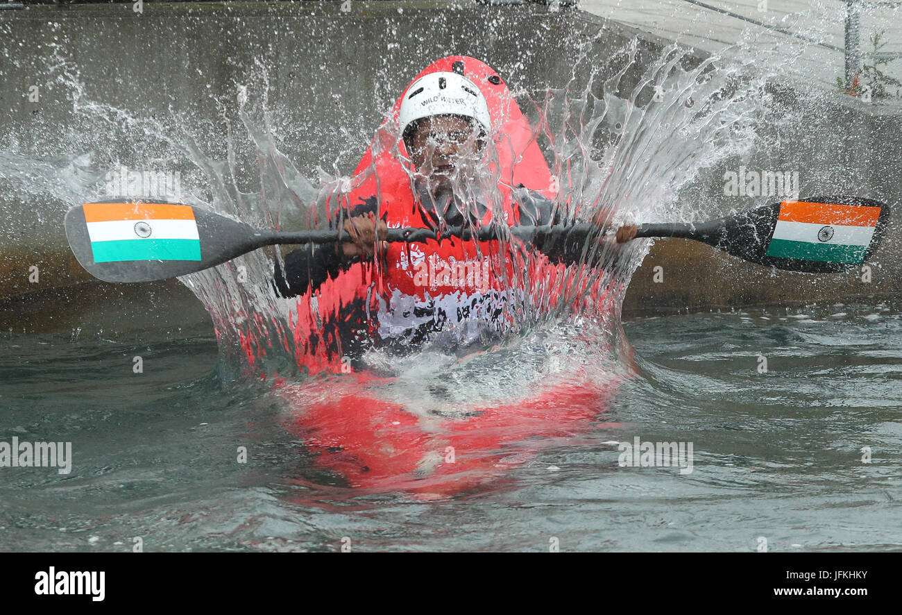 Markkleeberg, Germany. 1st July, 2017. The Indian Kuldeep Keer Singh starts during the Canoe Slalom World Cup in the discipline extreme kayak slalom in Markkleeberg, Germany, 1 July 2017. The boats glide into the water from four metre high ramp. Photo: Sebastian Willnow/dpa-Zentralbild/dpa/Alamy Live News Stock Photo