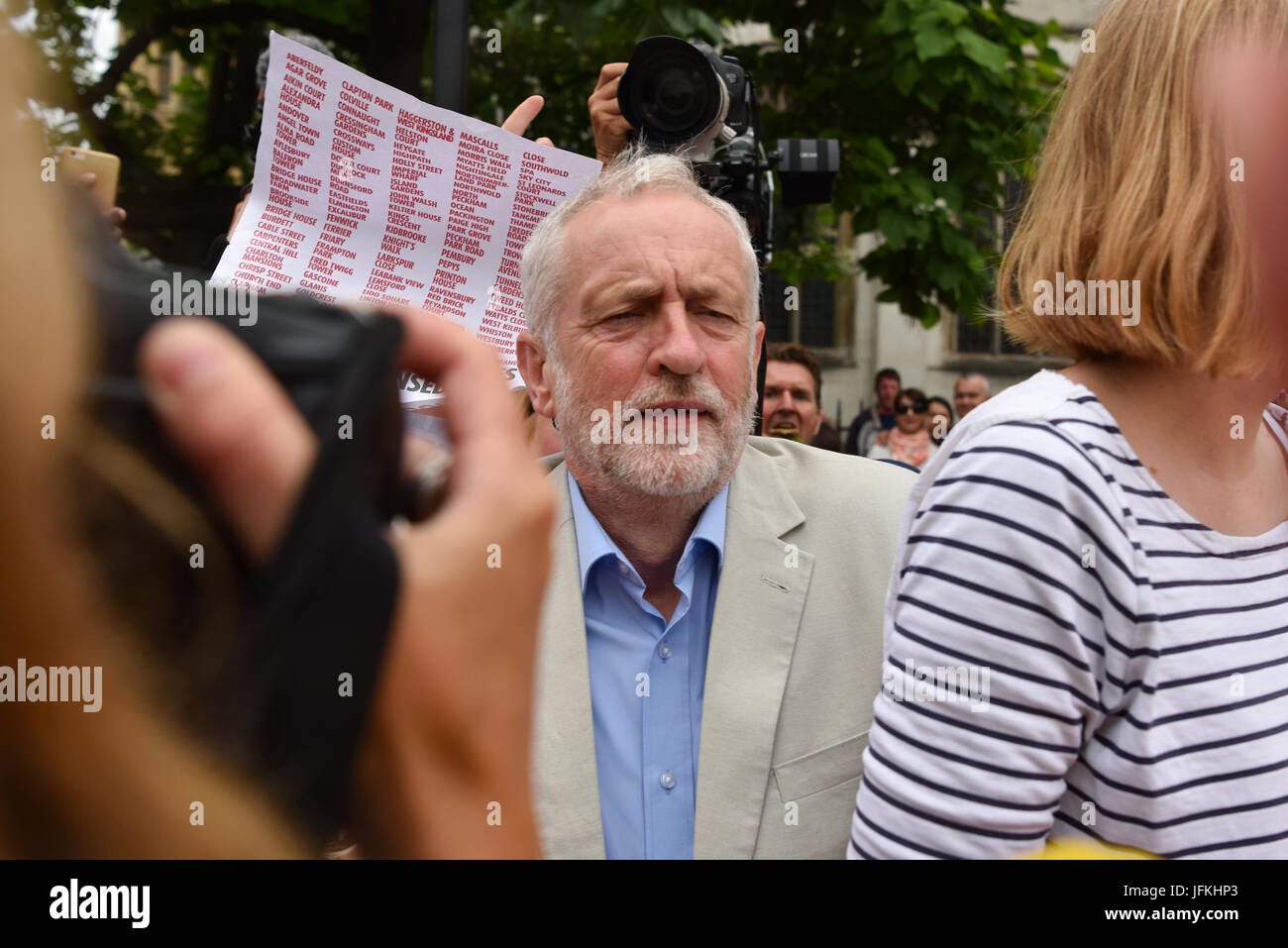London, UK. 1st Jul, 2017. Jeremy Corbyn arrives in Parliament Square to give a speech at the 'Not One Day More' protest against the Conservative government. Thousands of protesters marched from Regent Street to Parliament Square, with other speechs from Diane Abbott, John McDonnell and Owen Jones. Credit: Jacob Sacks-Jones/Alamy Live News. Stock Photo