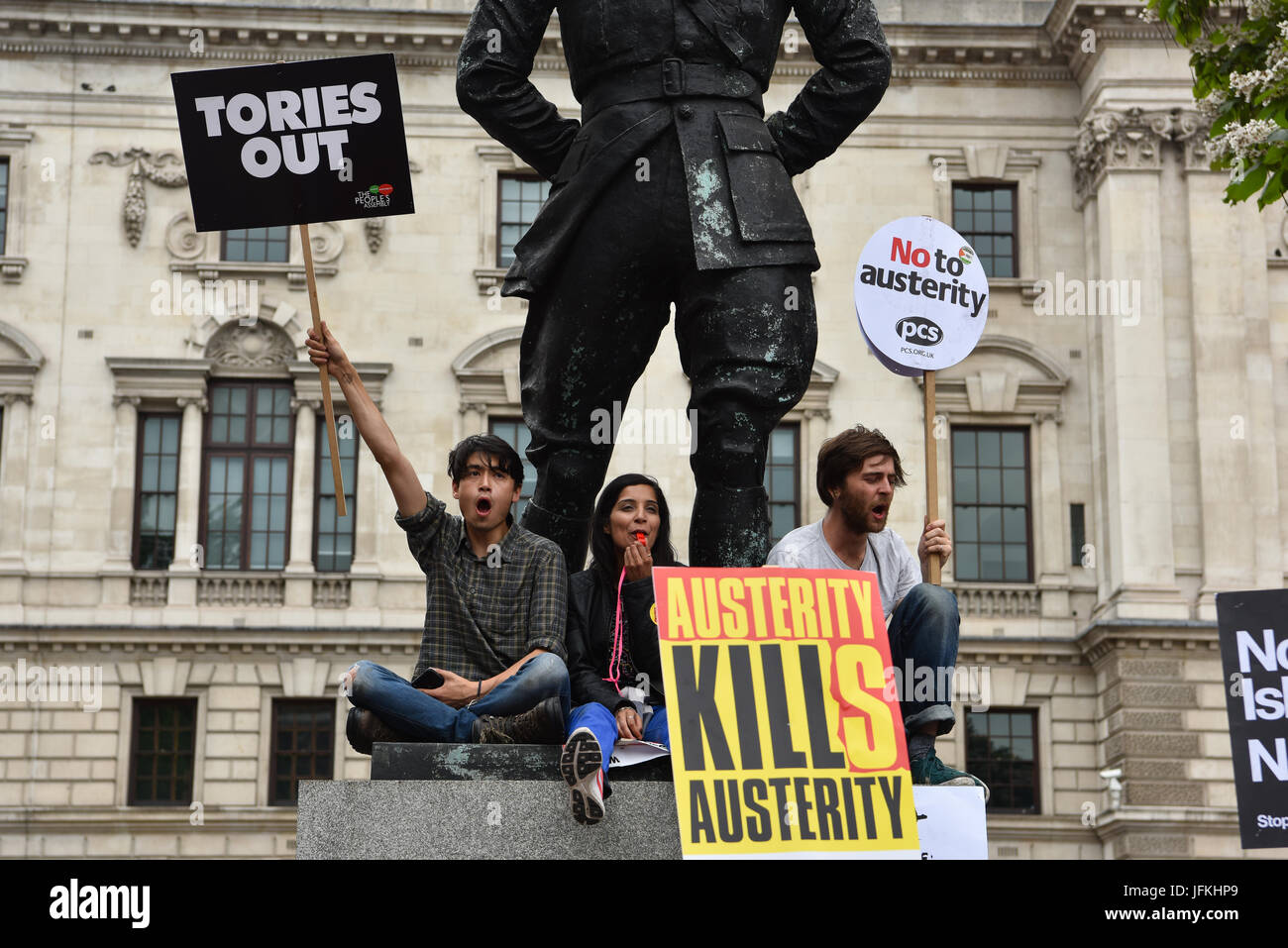 London, UK. 1st Jul, 2017. Protesters in Parliament Square at the 'Not One Day More' protest against the Conservative government. Thousands of protesters marched from Regent Street to Parliament Square, with speechs from Diane Abbott, John McDonnell and Jeremy Corbyn. Credit: Jacob Sacks-Jones/Alamy Live News. Stock Photo