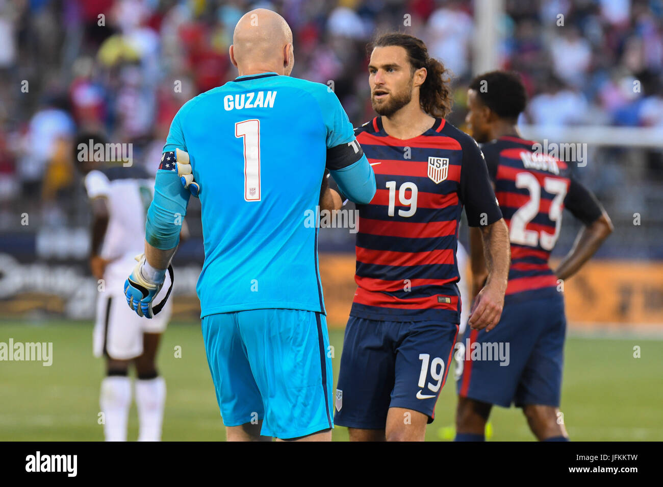Saturday July 1, 2017: Goalie Brad Guzan (1) and Graham Zusi (19) of the USMNT congratulate each other after a 2-1 victory against Ghana at Pratt & Whitney Stadium in East Hartford, Connecticut. Gregory Vasil/CSM Stock Photo