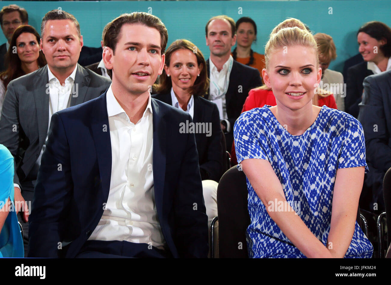 Linz, Austria. 1st July, 2017. Austrian Foreign Minister Sebastian Kurz (L) attends the national congress of the People's Party in Linz, Austria, July 1, 2017. Thirty-year-old Sebastian Kurz was elected as the leader of the People's Party at the congress in Linz on Saturday. Credit: Pan Xu/Xinhua/Alamy Live News Stock Photo