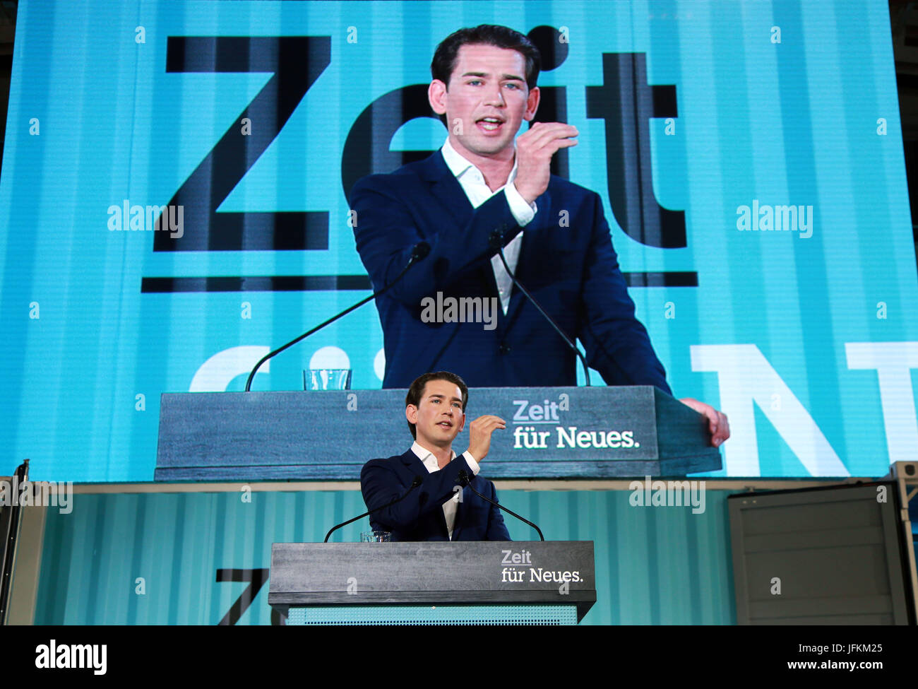 Linz, Austria. 1st July, 2017. Austrian Foreign Minister Sebastian Kurz addresses the national congress of the People's Party in Linz, Austria, July 1, 2017. Thirty-year-old Sebastian Kurz was elected as the leader of the People's Party at the congress in Linz on Saturday. Credit: Pan Xu/Xinhua/Alamy Live News Stock Photo