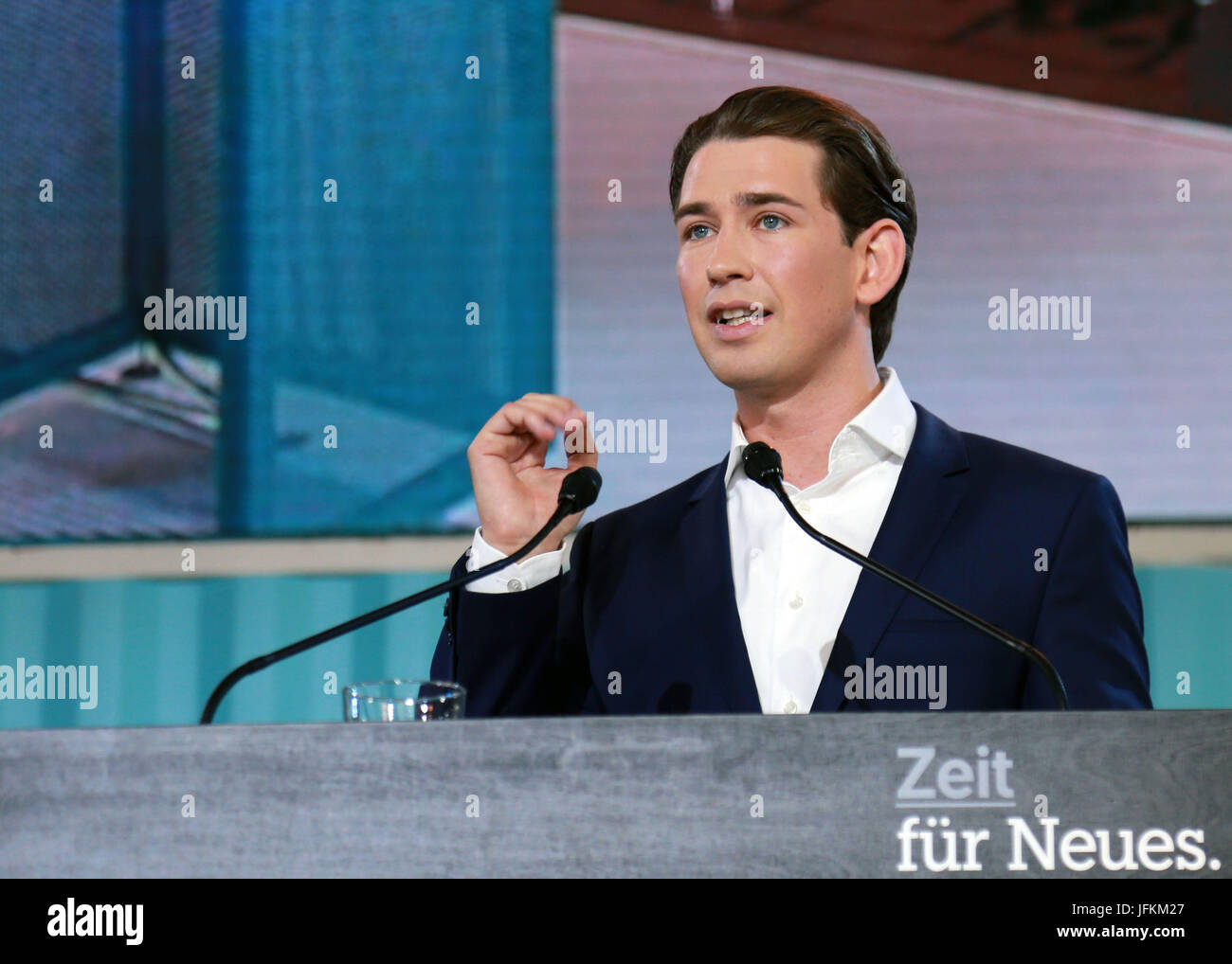 Linz, Austria. 1st July, 2017. Austrian Foreign Minister Sebastian Kurz addresses the national congress of the People's Party in Linz, Austria, July 1, 2017. Thirty-year-old Sebastian Kurz was elected as the leader of the People's Party at the congress in Linz on Saturday. Credit: Pan Xu/Xinhua/Alamy Live News Stock Photo