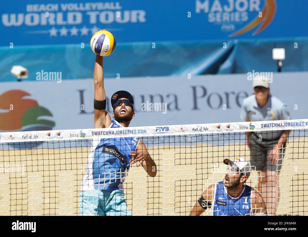 Porec Croatia 1st July 2017 Daniele Lupo L Of Italy Spikes The Ball During The Men S Round 3 Match Of Fivb Swatch Beach Volleyball Major Series Between Italy S Paolo Nicolai Daniele Lupo And