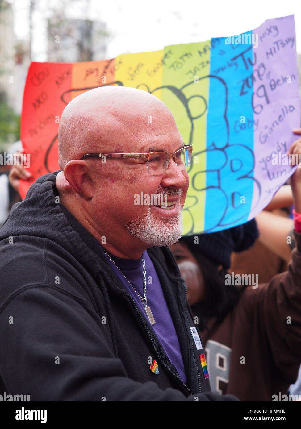Lima, Peru. 01st July, 2017. Carlos Bruce, Peruvian congressman, leading the Pride Parade. Thousands of activists from the LGBT community and sympathizers participated in the pride parade Lima 2017 in search of recognition of their civil rights and against discrimination. Credit: Fotoholica Press Agency/Alamy Live News Stock Photo