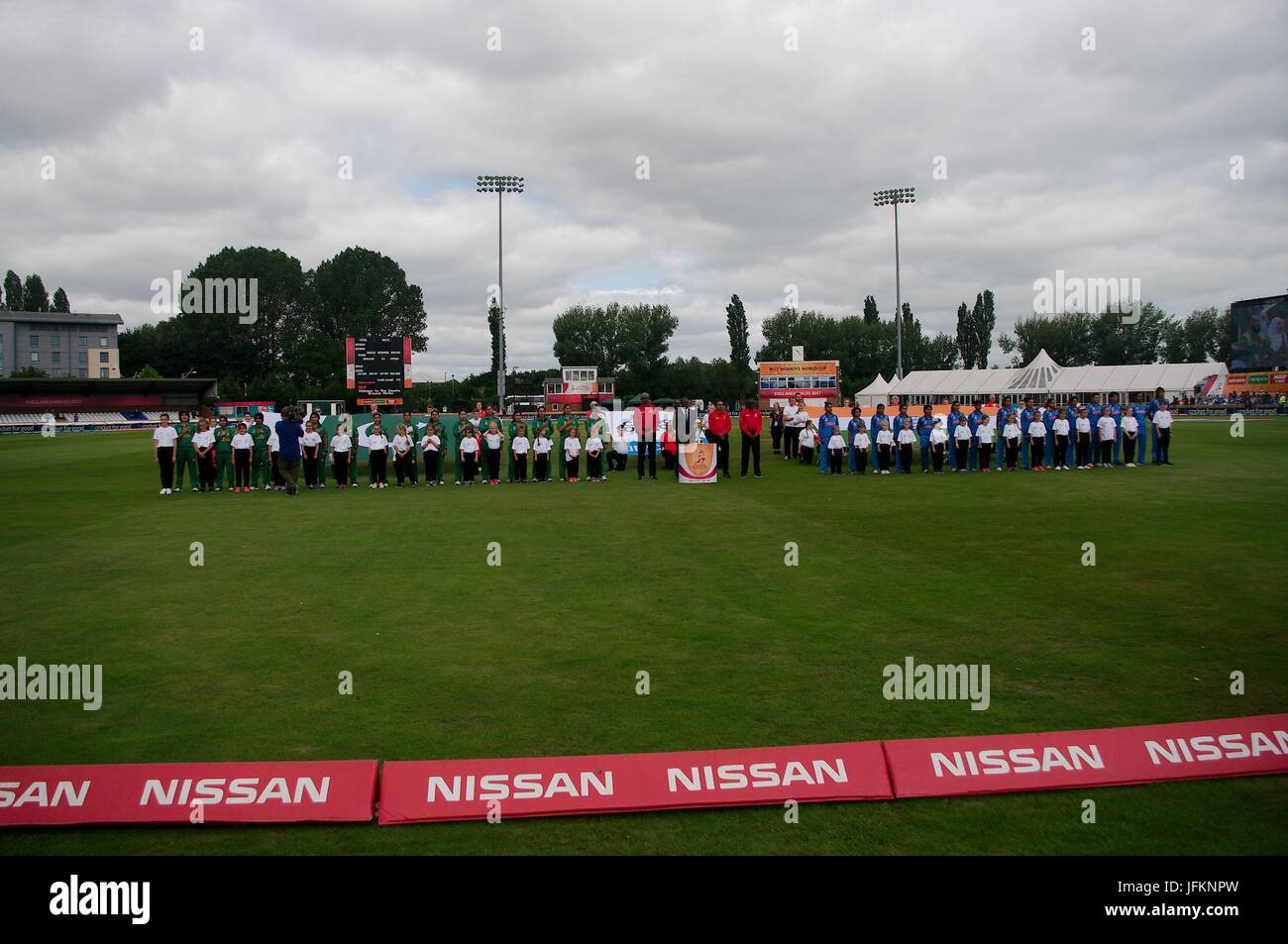 Derby, England, 02nd July 2017. The Indian and Pakistan teams line up for the national anthems before their match in the ICC Women’s World Cup at the County Ground Derby. Credit: Colin Edwards/Alamy Live News. Stock Photo
