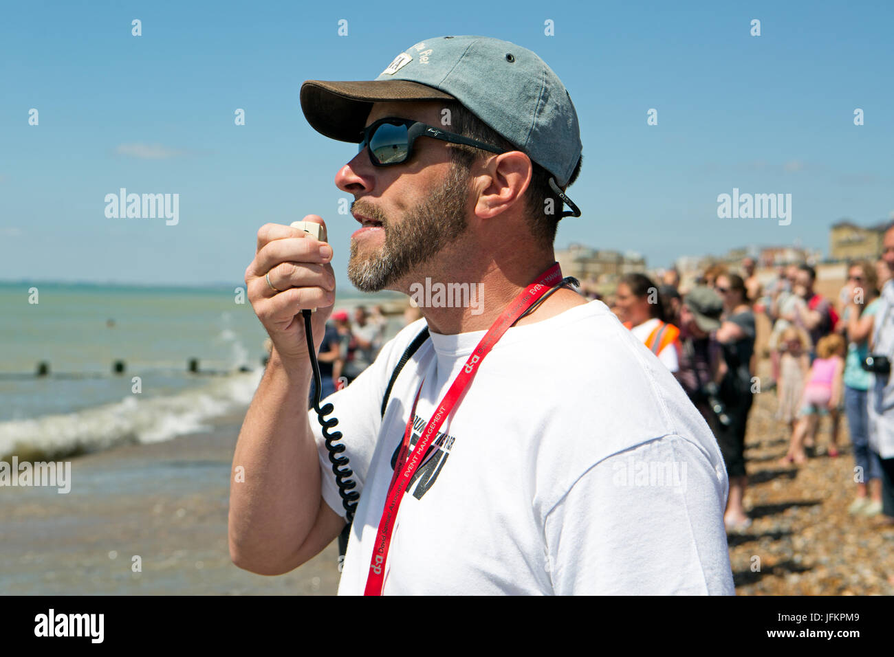 Brighton, UK. 2nd July, 2017. The highlight event of the Paddle Round The Pier Festival 2017. The “Paddle Something Unusual” is the perfect opportunity for competitors to  exercise their creativity and join in the Paddle. In this image features, David Samuel of David Samuel Associates who organised this event issuing his encouragement and instructions to participants and volunteers. City of Brighton & Hove Beach, East Sussex, UK. 2nd July 2017. Credit: David Smith/Alamy Live News Stock Photo