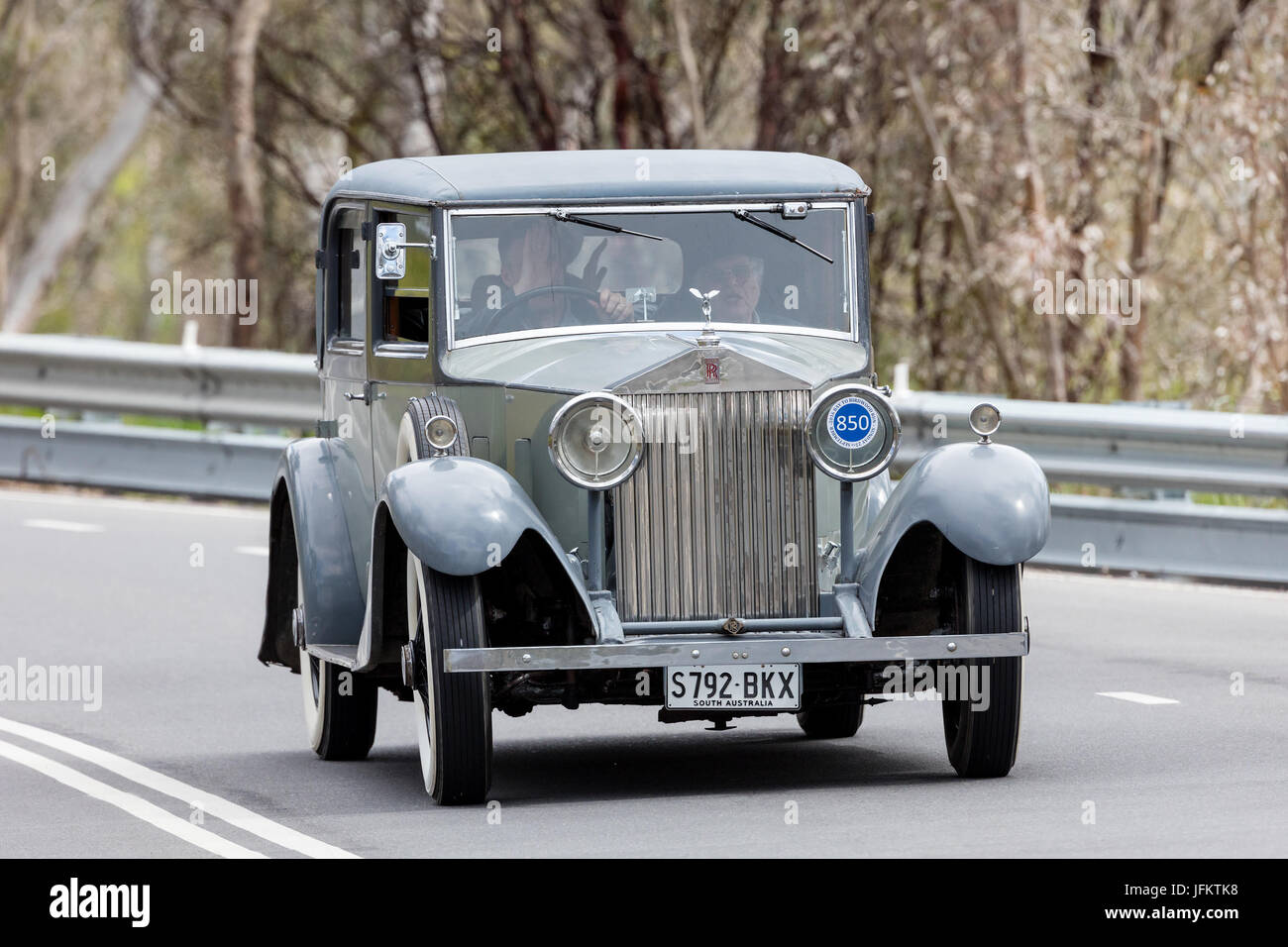 Vintage 1932 Rolls Royce 20/25 Sedan driving on country roads near the town of Birdwood, South Australia. Stock Photo