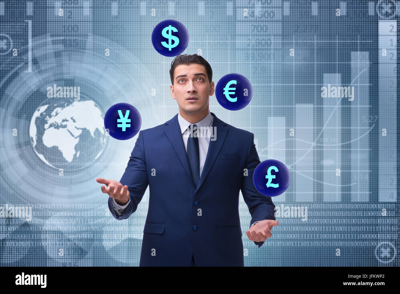 Businessman juggling between various currencies Stock Photo Alamy