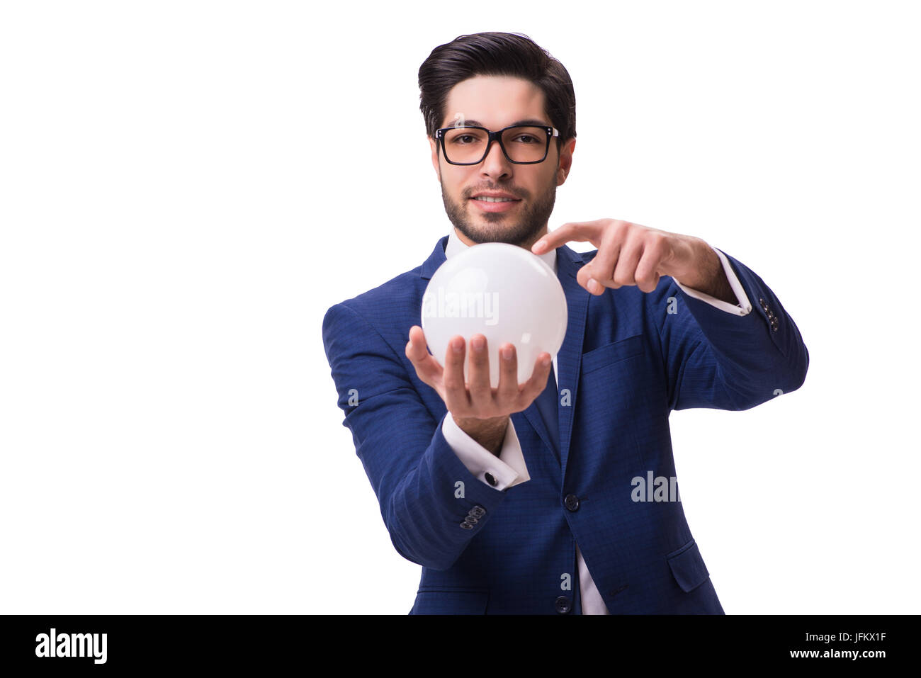 Businessman with crystall ball isolated on white background Stock Photo ...
