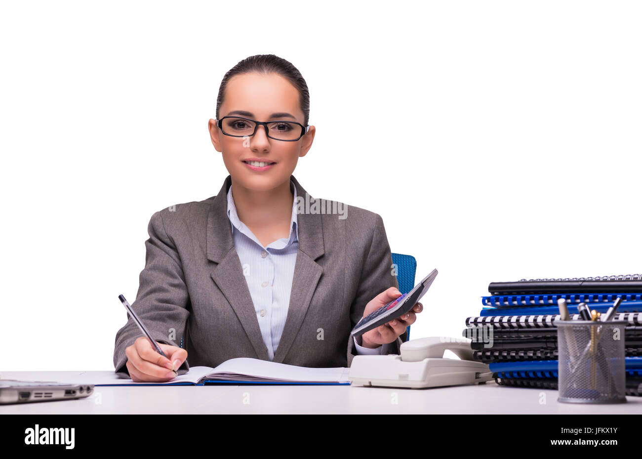 Young businesswoman in office isolated on white Stock Photo - Alamy