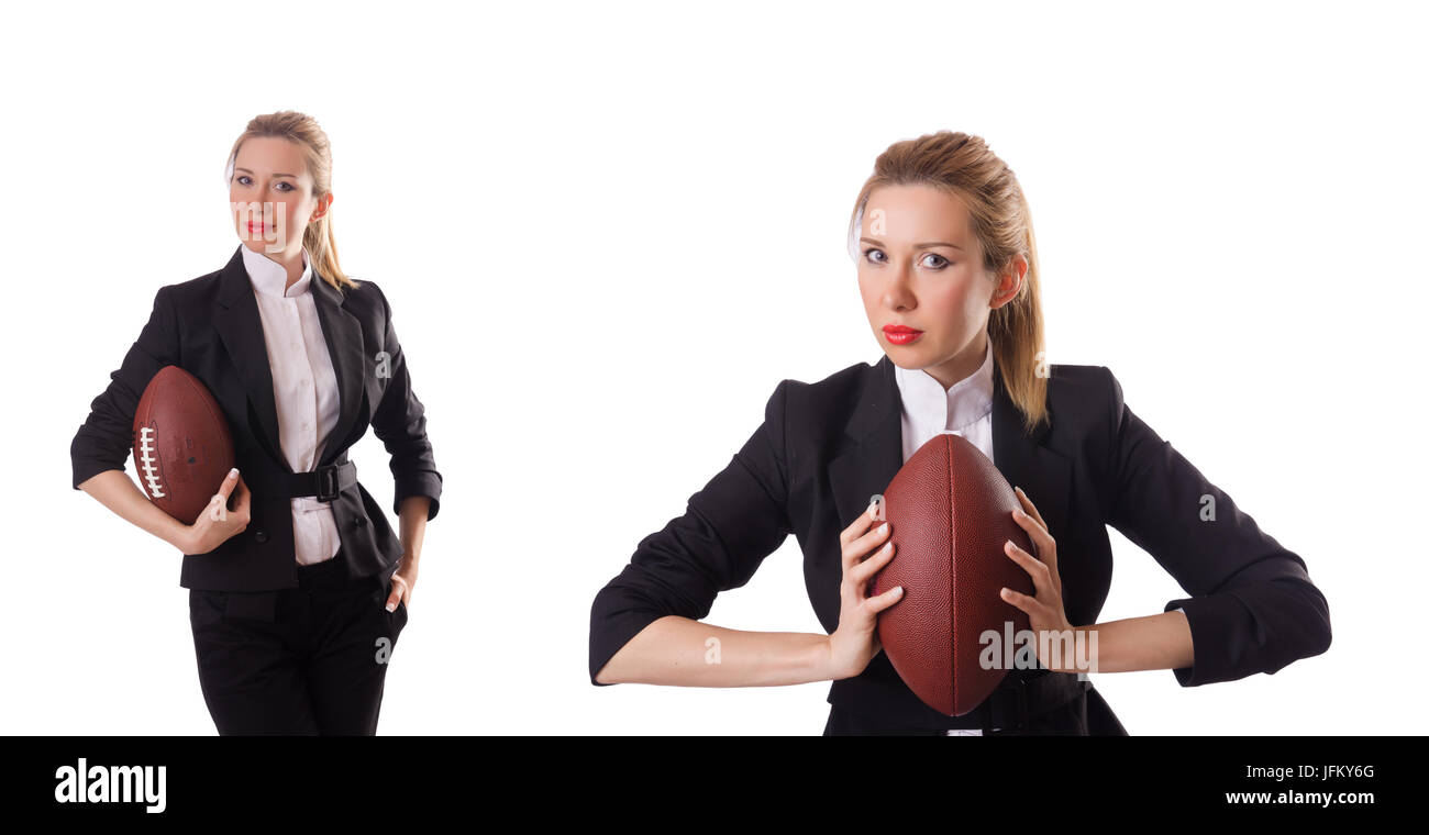 Preety office employee with rugby ball isolated on white Stock Photo